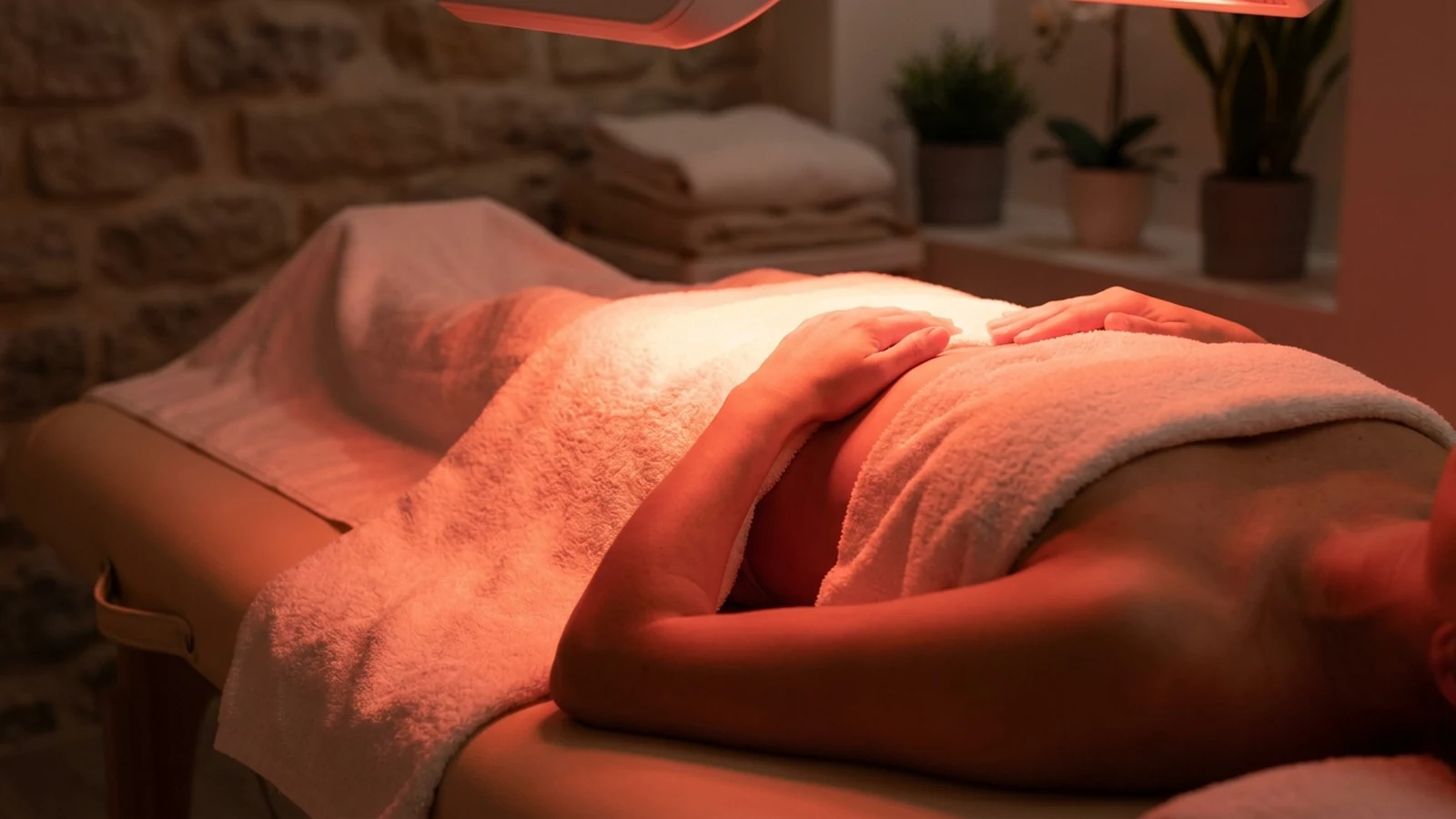 Persona adulta recostada bajo la luz roja de terapia en un spa